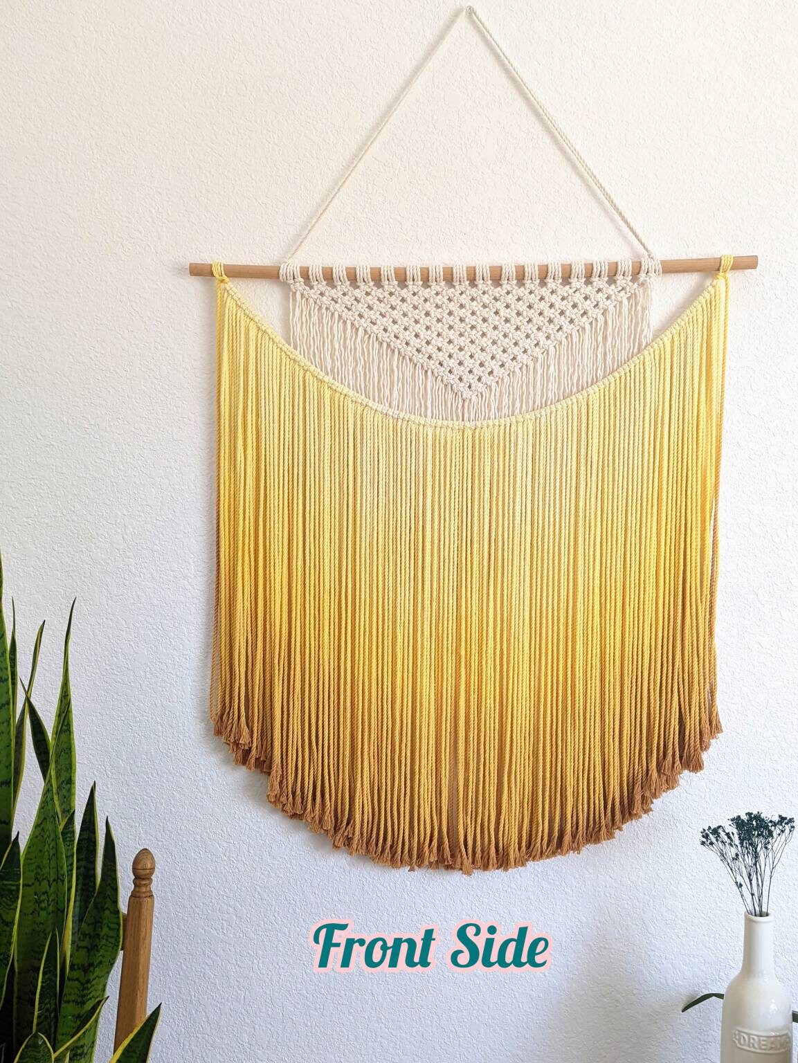 Handmade Macrame wall hanging in Sunshine Yellow, Bohemian home Decor, Handwoven and Dip-Dyed Tapestry, Chic Ombre Natural Cotton Art Piece