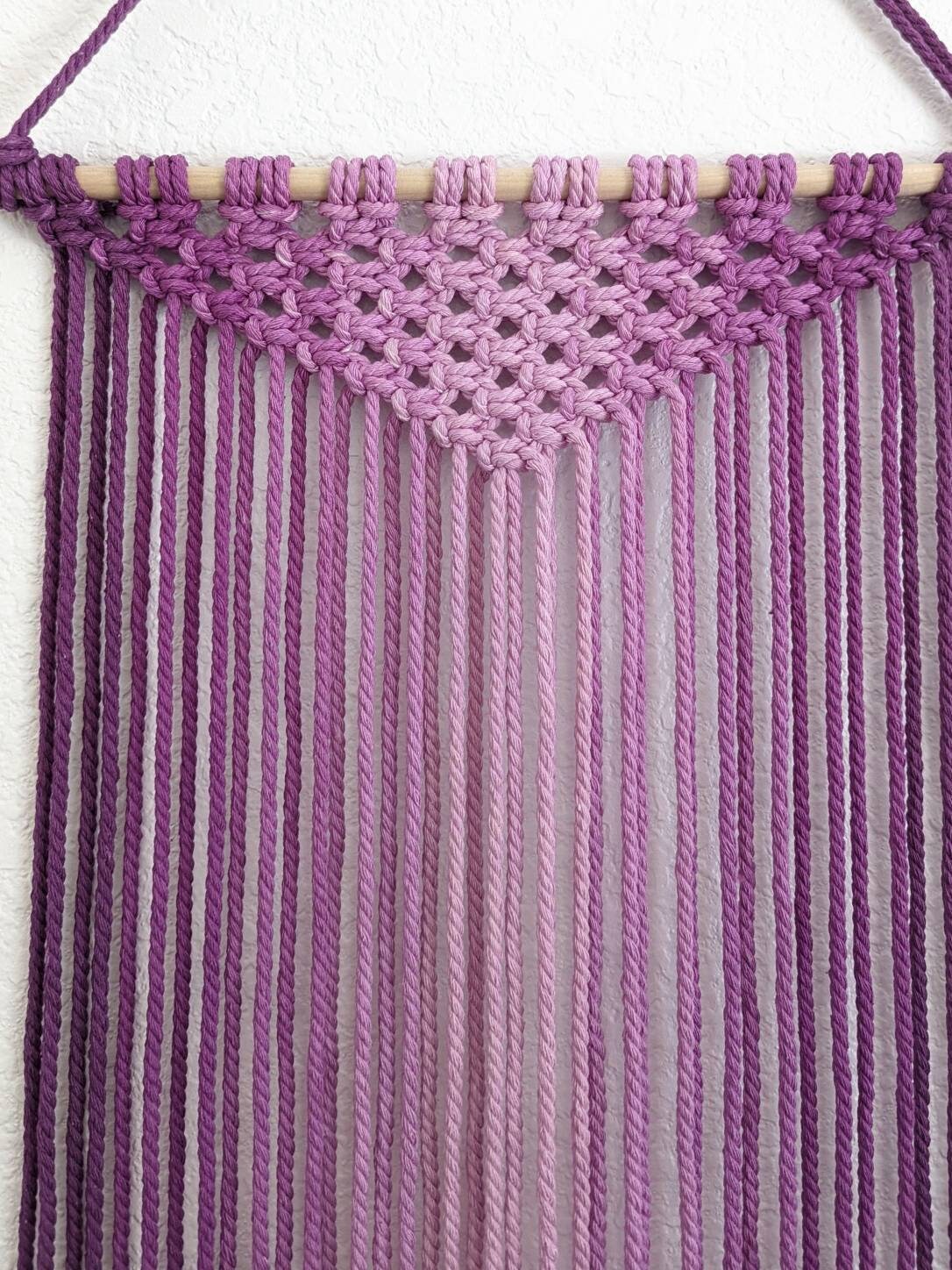 Large Handmade Minimalist wall hanging, Eggplant Boho Ombre tapestry, Macrame Art on wooden dowel with Cotton Cords, Chic design & Decor