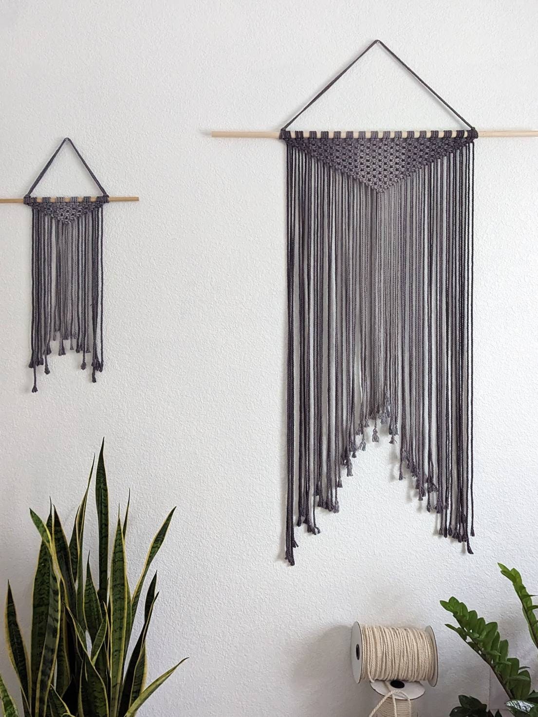 Large Handmade Minimalist wall hanging, Steel Gray Boho Ombre tapestry, Macrame Art on wooden dowel with Cotton Cords, Chic design & Decor