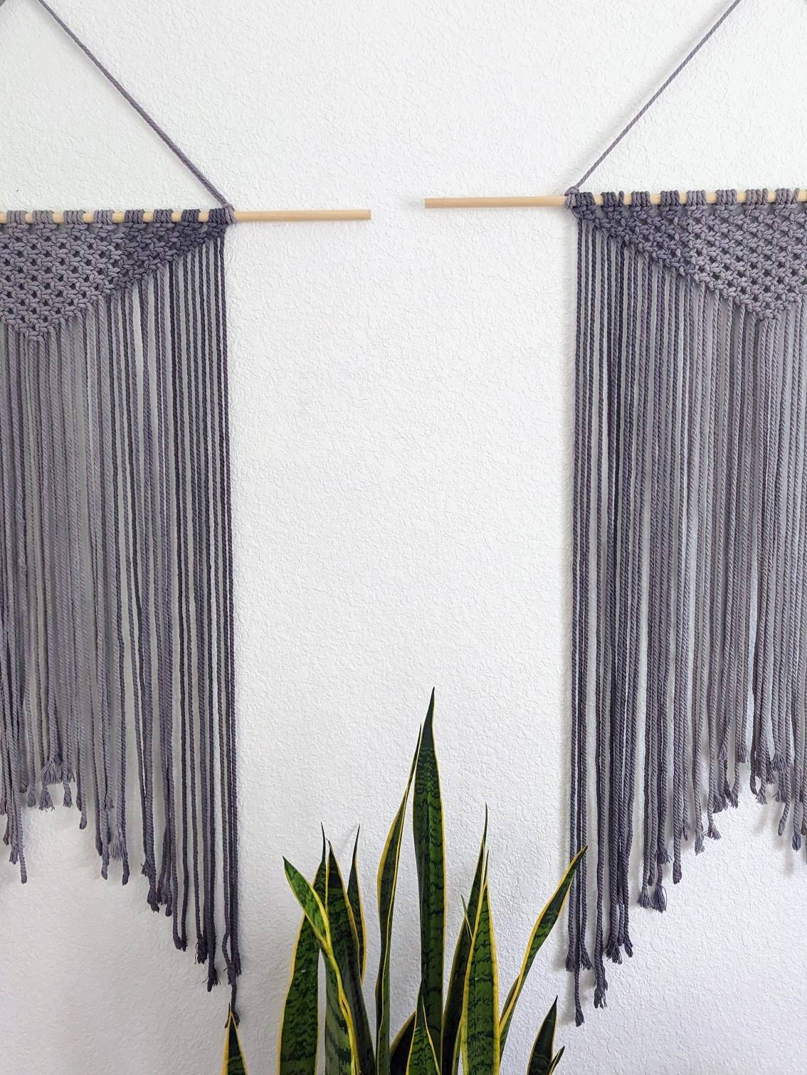 Large Handmade Minimalist wall hanging, Steel Gray Boho Ombre tapestry, Macrame Art on wooden dowel with Cotton Cords, Chic design & Decor