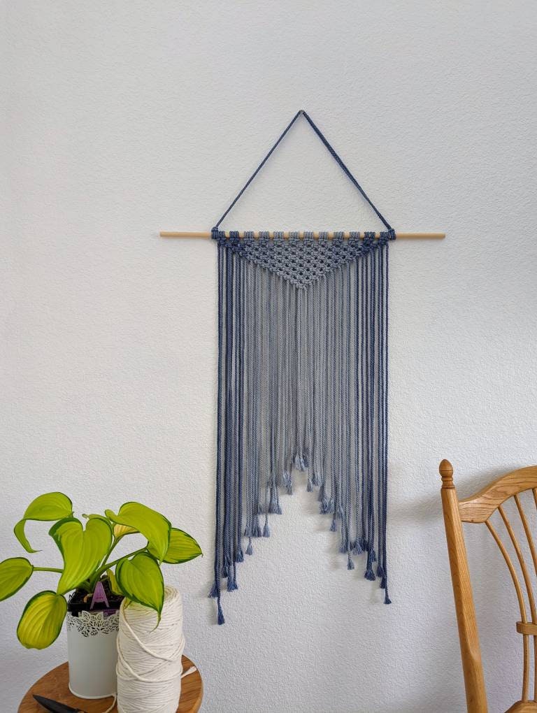 Large Handmade Minimalist wall hanging, Royal Blue Boho Ombre tapestry, Macrame Art on wooden dowel with Cotton Cords, Chic design & Decor