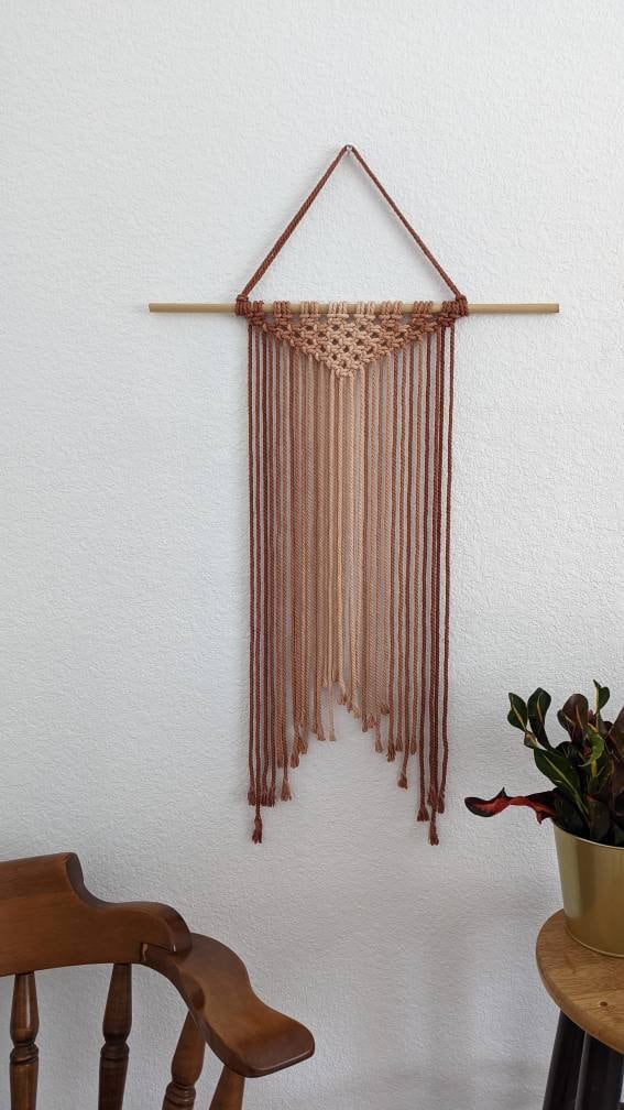 Large Handmade Minimalist wall hanging, Beige and Brown Boho Ombre tapestry, Macrame Art on wooden dowel + Cotton Cords, Chic design & Decor