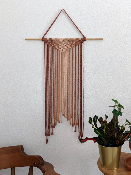 Large Handmade Minimalist wall hanging, Beige and Brown Boho Ombre tapestry, Macrame Art on wooden dowel + Cotton Cords, Chic design & Decor